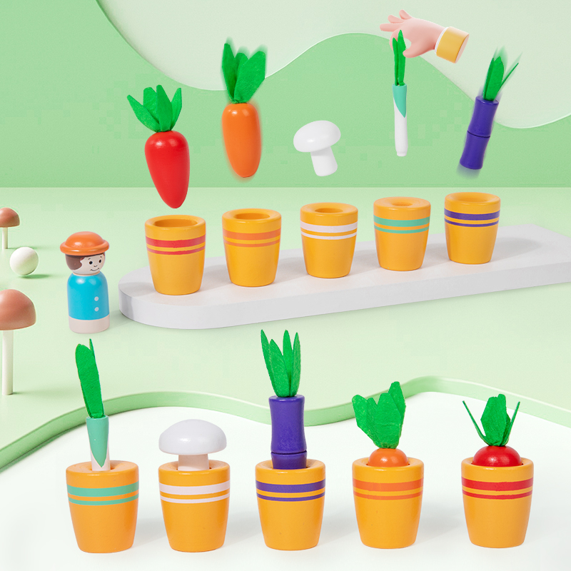 Plant Parent Yearly - 子供向け教育玩具セット - 模擬野菜栽培ゲーム、木製ニンジンとキノコの模型、親子で楽しめるインタラクティブな玩具